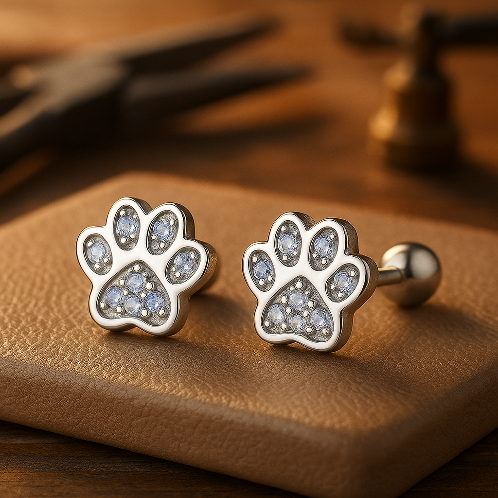 Sterling Silver Stud Earrings with Paw Print – Crystal Accent
