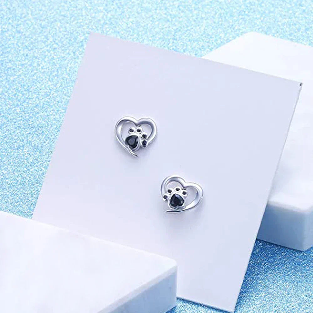 Heart Paw Stud Earrings β Silver-Colored Earrings with Black Crystal