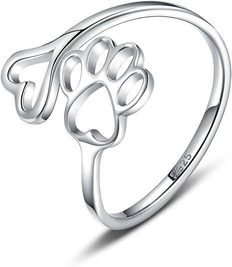Handcrafted Paw Print Heart Sterling Silver Adjustable Ring