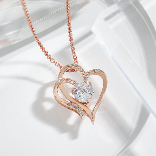 Double Heart Necklace with Zirconia – Adjustable Women's Necklace