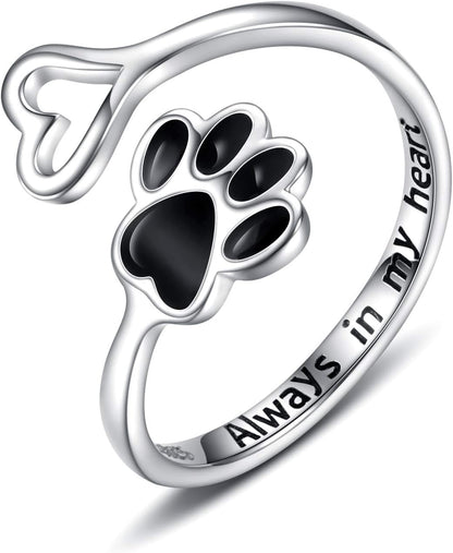 Handcrafted Paw Print Heart Sterling Silver Adjustable Ring