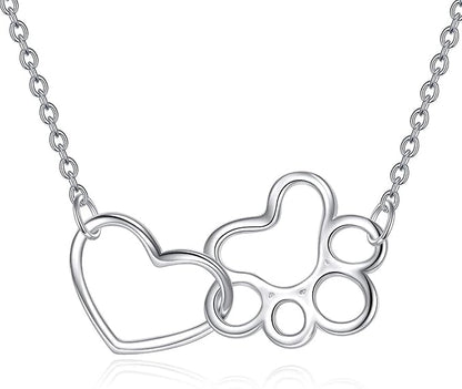 Paw Print Necklace in Sterling Silver – Heart Crystal Pendant with Dog Paw
