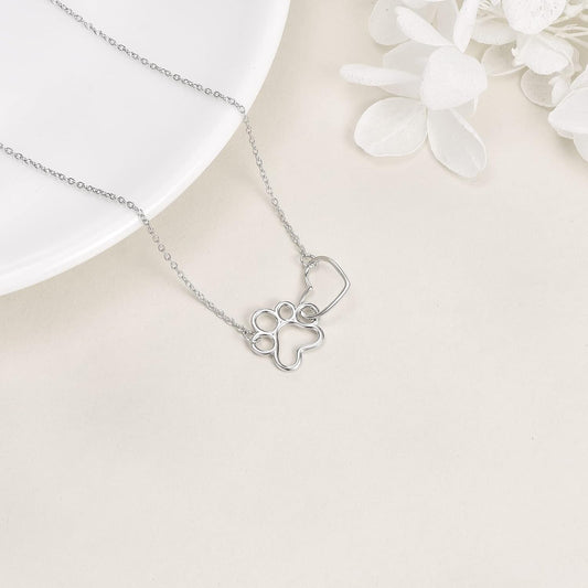 Paw Print Necklace in Sterling Silver – Heart Crystal Pendant with Dog Paw