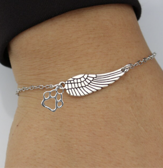 Silver Memorial Bracelet with Angel Wing & Paw Print | Handmade