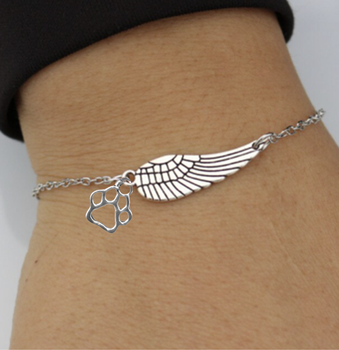 Silver Memorial Bracelet with Angel Wings & Paw Print | Handmade