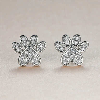 Heart-Shaped Cat Paw Stud Earrings with White Zircon