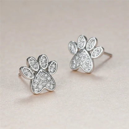 Heart-Shaped Cat Paw Stud Earrings with White Zircon