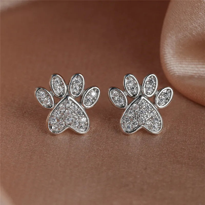 Heart-Shaped Cat Paw Stud Earrings with White Zircon