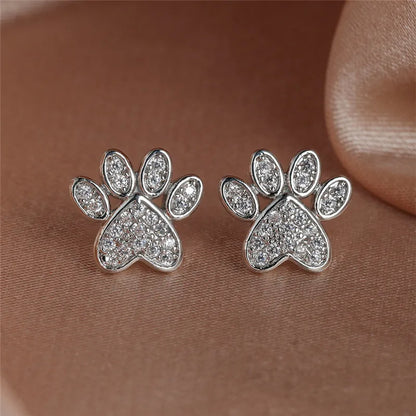 Heart-Shaped Cat Paw Stud Earrings with White Zircon