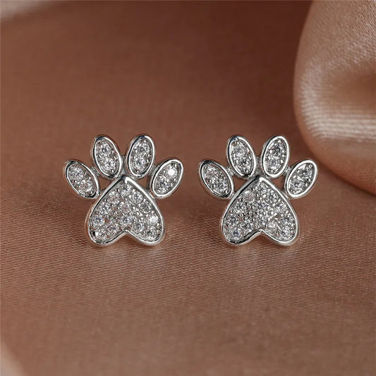 Heart-Shaped Cat Paw Stud Earrings with White Zircon