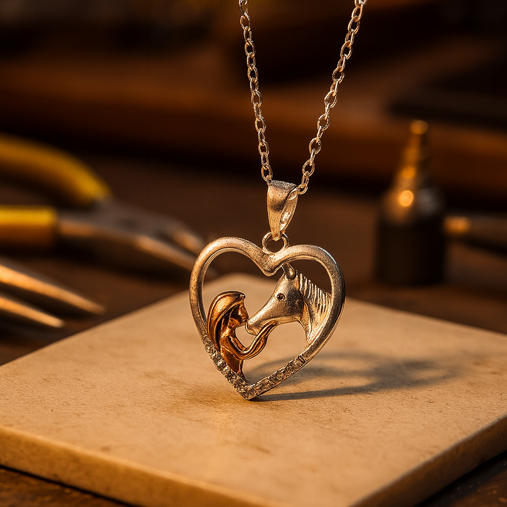 Beautiful Heart Zircon Girl and Horse Necklace