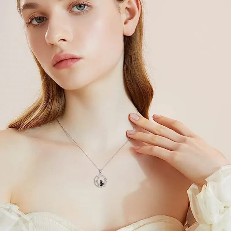 Black Cat Moon Crystal Pendant Necklace