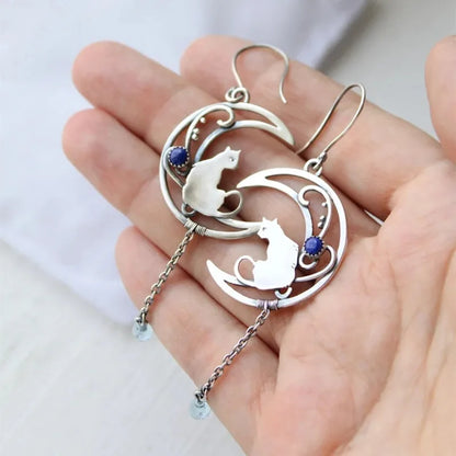Moonlight Cat Earrings – Vintage Crescent Design with Lapis Lazuli Gemstone