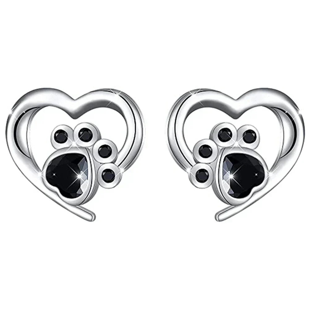 Heart Paw Stud Earrings – Silver-Colored Earrings with Black Crystal