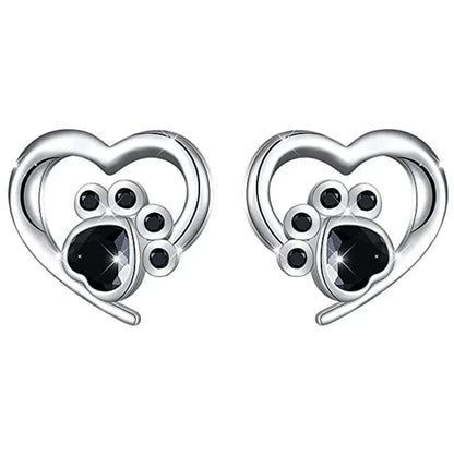 Heart Paw Stud Earrings – Silver-Colored Earrings with Black Crystal