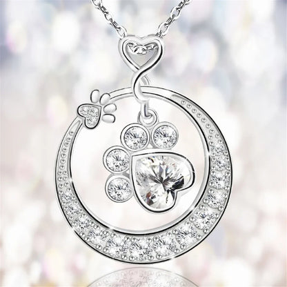 Cute Paw Print Necklace in 925 Sterling Silver with Cubic Zirconia