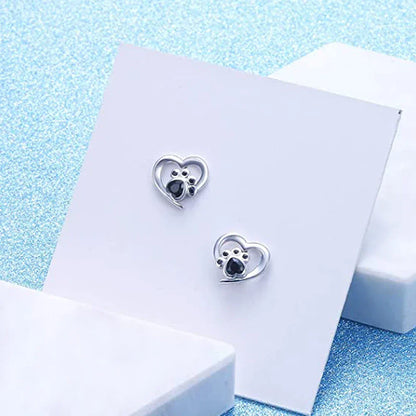Heart Paw Stud Earrings – Silver-Colored Earrings with Black Crystal