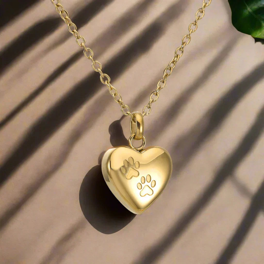 Memorial Necklace with Paw Heart – Stainless Steel Urn Pendant