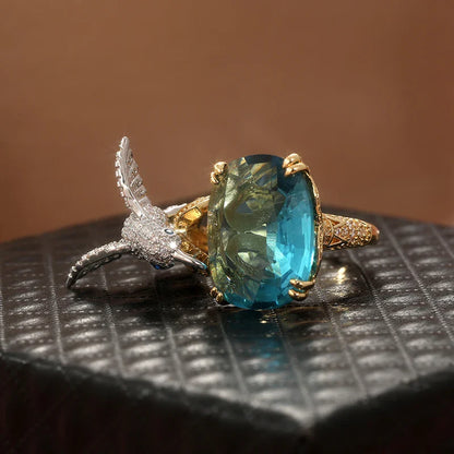 Adjustable Aquamarine-Color Hummingbird Ring – 14K Gold Plated