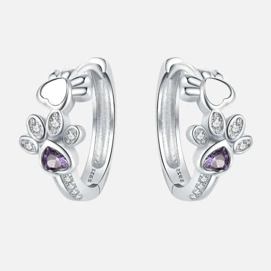 Paw Huggie Earrings in 925 Sterling Silver – With Zirconia and Heart Gem
