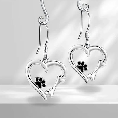 Heart-Shaped Dangle Earrings with Paw Print – Playful Silver Jewelry
