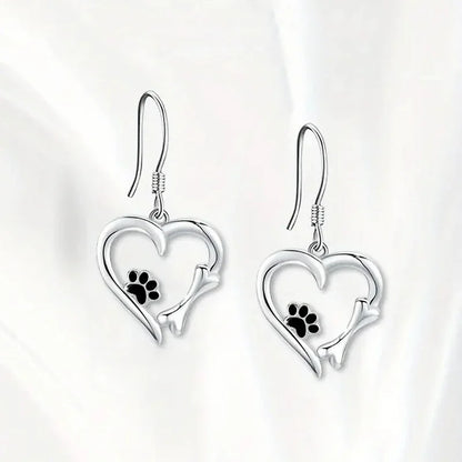 Heart-Shaped Dangle Earrings with Paw Print – Playful Silver Jewelry