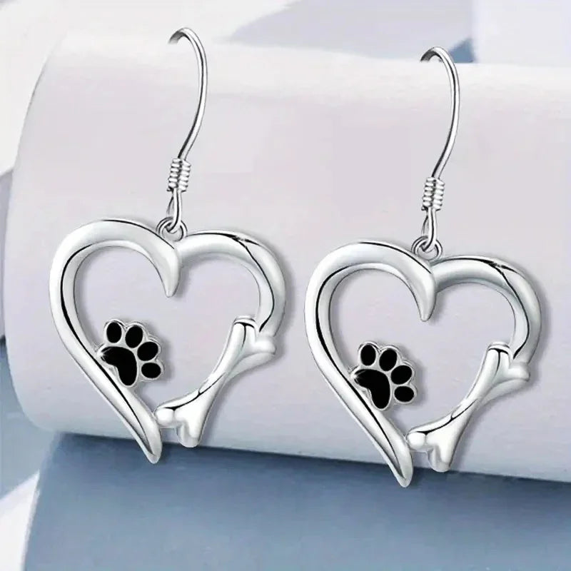 Heart-Shaped Dangle Earrings with Paw Print – Playful Silver Jewelry