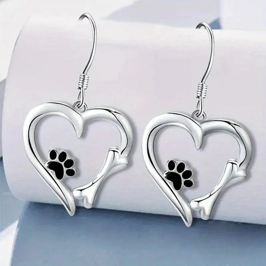 Heart-Shaped Dangle Earrings with Paw Print – Playful Silver Jewelry