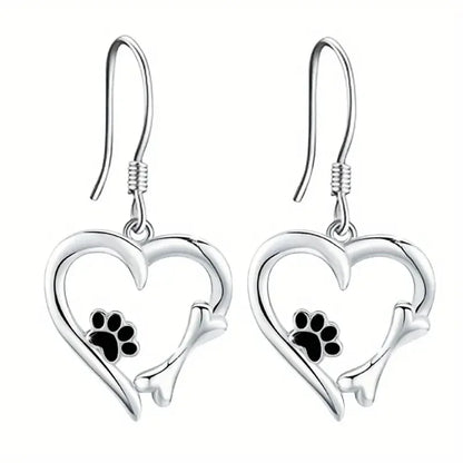 Heart-Shaped Dangle Earrings with Paw Print – Playful Silver Jewelry