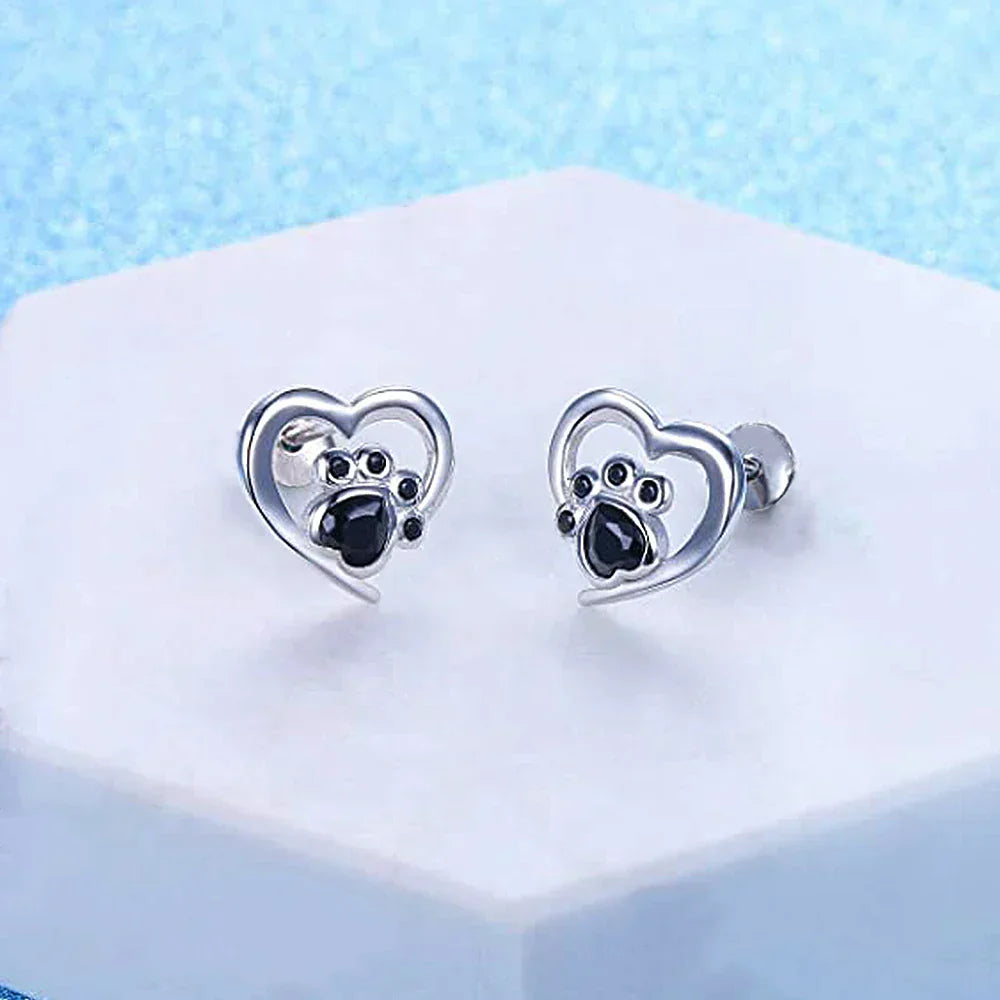 Heart Paw Stud Earrings – Silver-Colored Earrings with Black Crystal