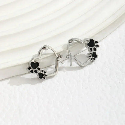 Heart-Paw Hoops – Silver Animal Motif Earrings with Black Enamel Design