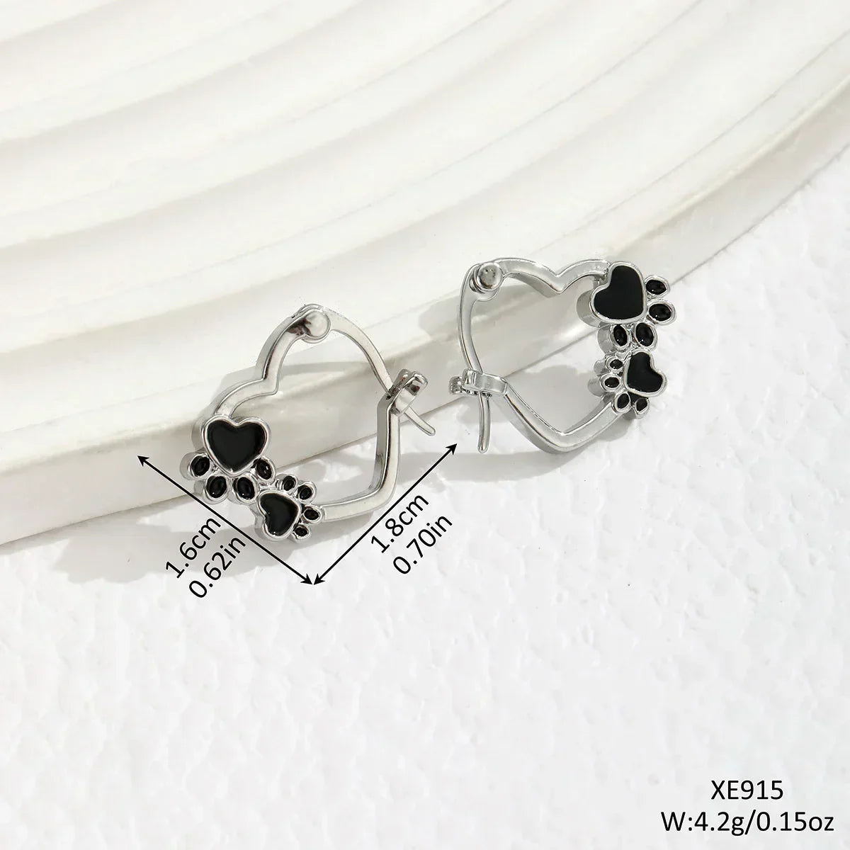 Heart-Paw Hoops – Silver Animal Motif Earrings with Black Enamel Design