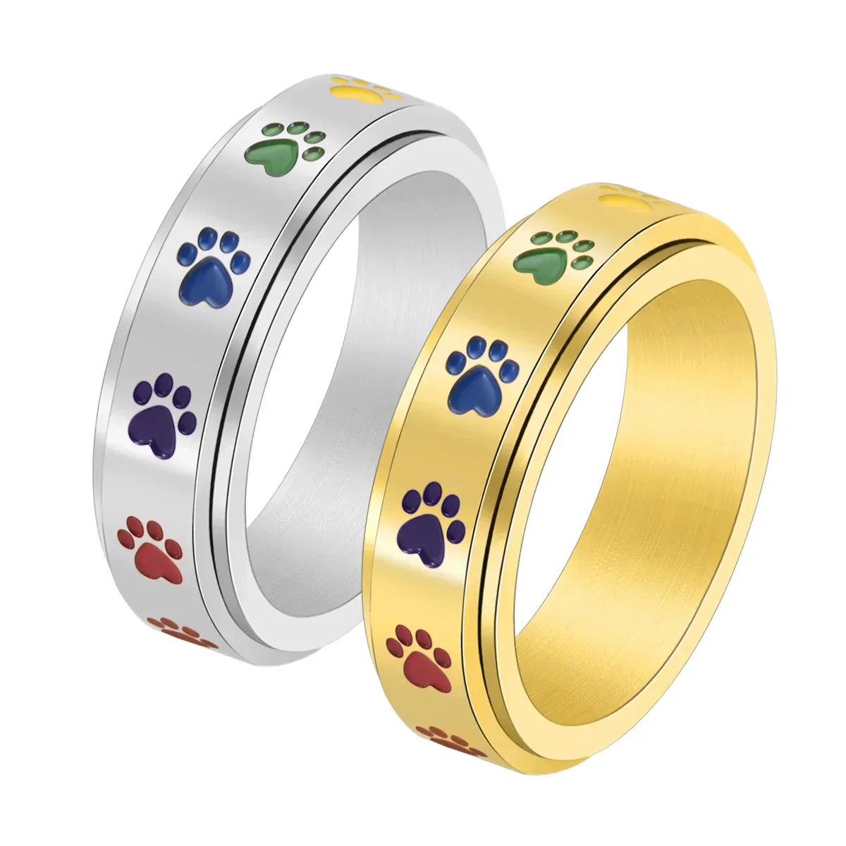 Rotatable Anti-Stress Ring with Paws – Stainless Steel Ring with Rainbow Colors