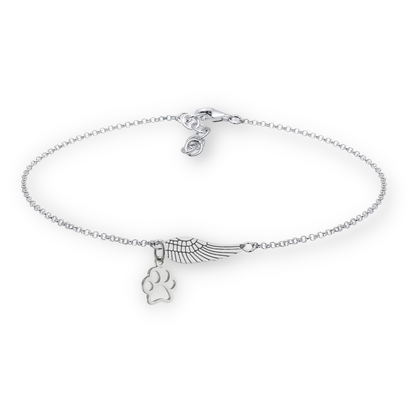 Silver Memorial Bracelet with Angel Wings & Paw Print | Handmade