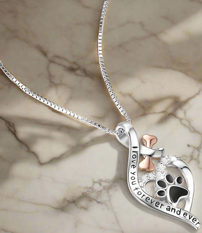 Lucky Necklace with Paw, Heart & Bone – "Always in my heart" Pendant