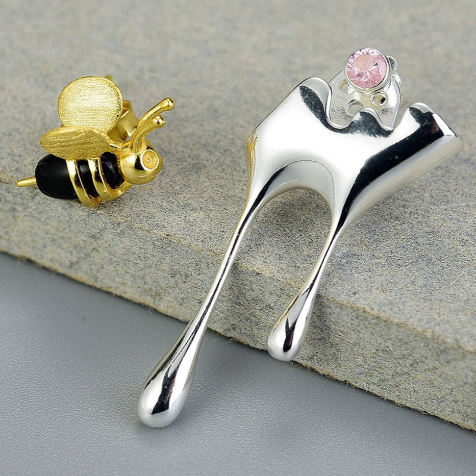 Dripping Honey & Bee Earrings with Zirconia