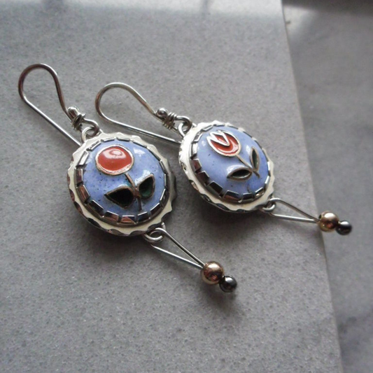Vintage Rounded Enamel Flower Earrings