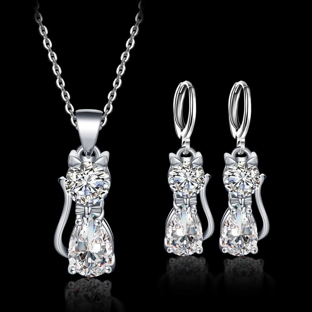 Necklace + Earring Set – Happy Cats made of Silver with Polished Zirconia
