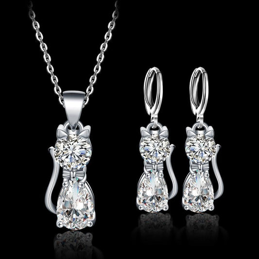Necklace + Earring Set – Happy Cats made of Silver with Polished Zirconia