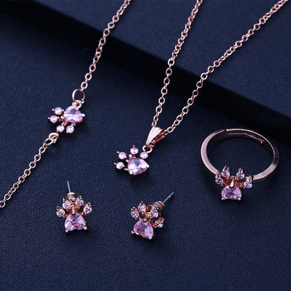 Paw Jewelry Set for Women – 4-Piece | Rose Gold with Zirconia Heart – Ring, Necklace, Earrings & Bracelet